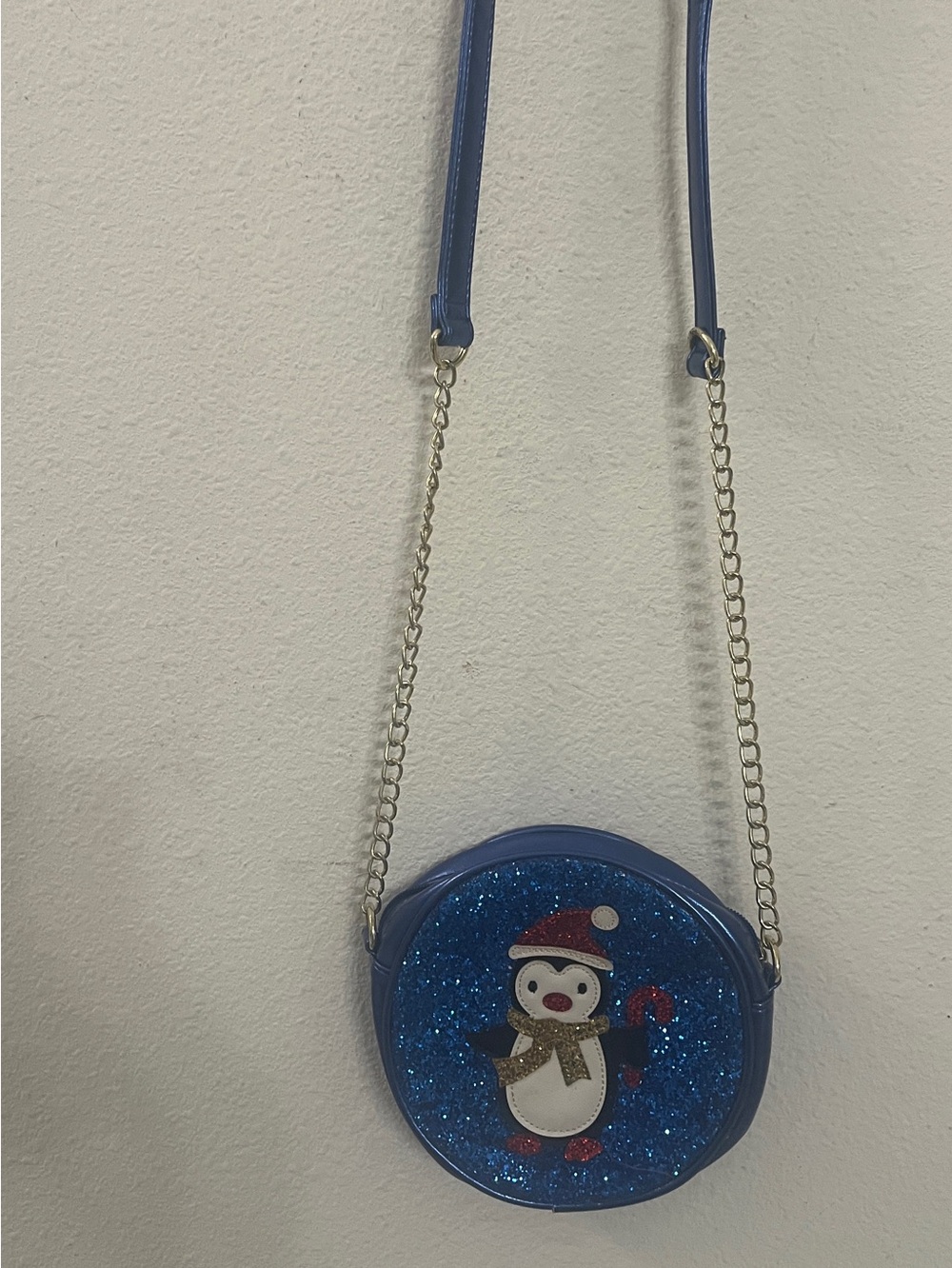 Olivia Miller Christmas Penguin Glitter Crossbody Bag Blue Holiday Purse